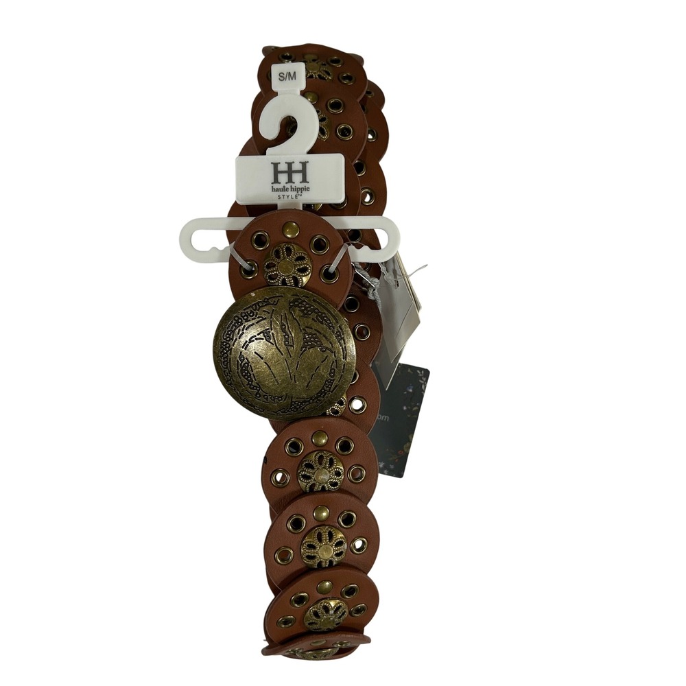 Haute‎ Hippie Brown Disc Belt S/M Boho Western Medallion Grommet Scalloped NWT